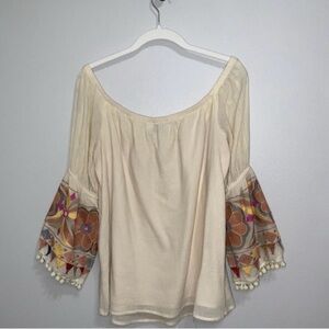 99 VaVa by Jon Han Cream Ivory Embroidered Bell Pom Pom Sleeve Off Shoulder Top